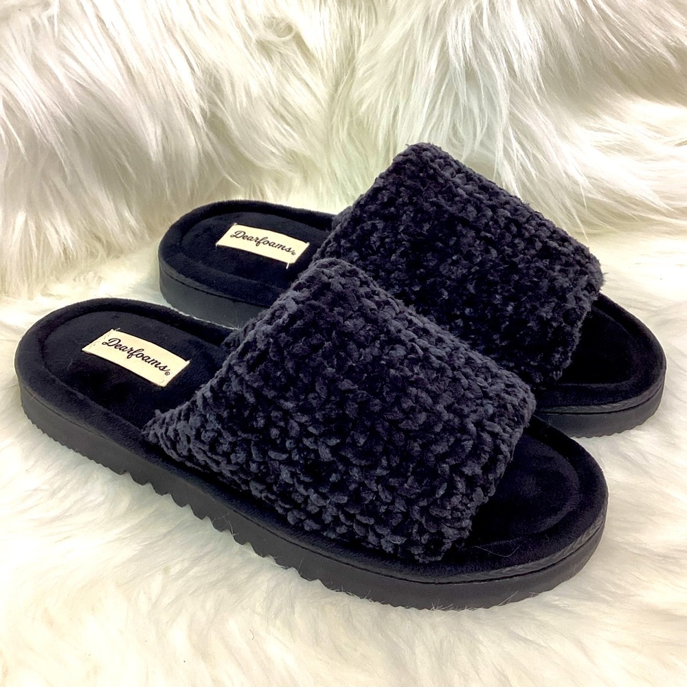 Dearfoams Cable Knit Chenille Slippers - Black - Medium 7/8 - NWOB